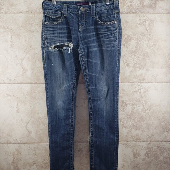 Distressed Embellished Holey Low Rise Straight Leg Jeans Vigoss Collection Sz 9 - Picture 1 of 12